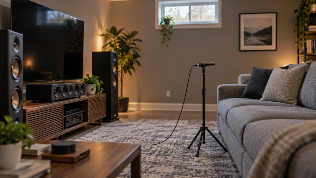 A measurement microphone on a tripod facing a home theatre seating area.