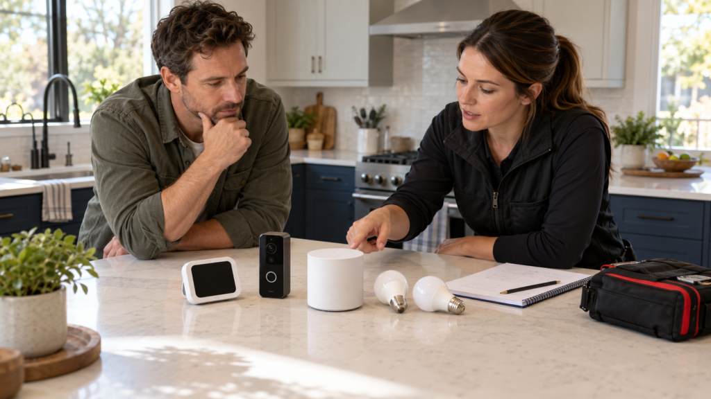 Discussing a smart-home installation before work begins.