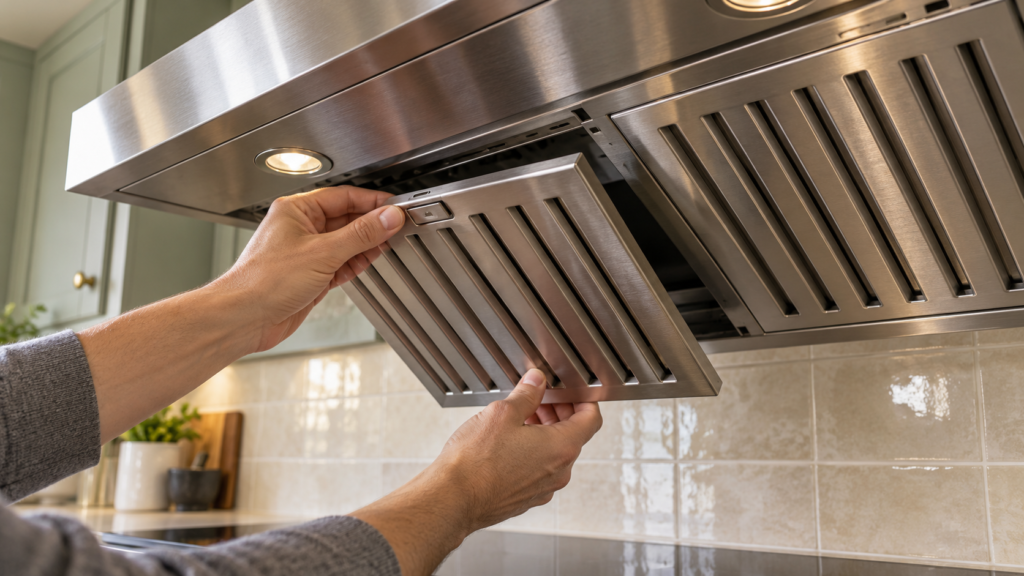 Removing a metal baffle filter from a range hood.