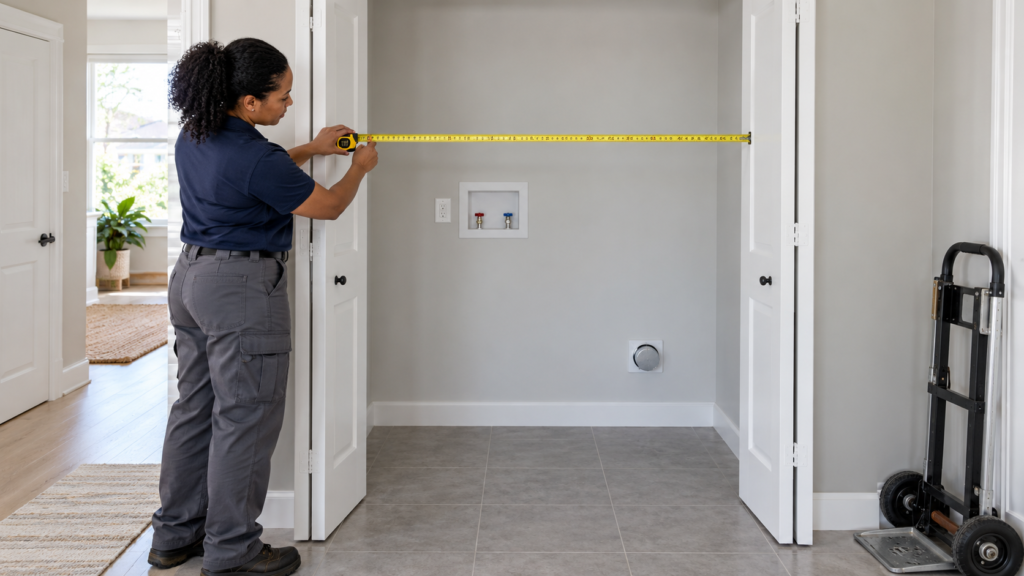 An installer measuring a laundry alcove with a tape measure.