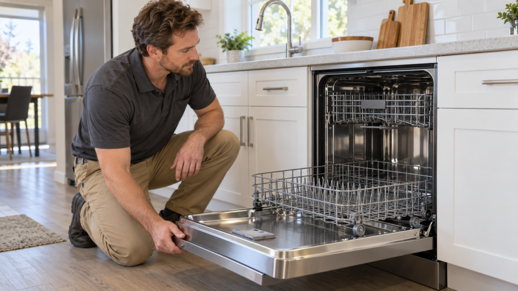 An installer kneeling beside a freshly installed stainless dishwasher.