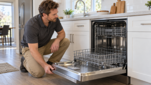 An installer kneeling beside a freshly installed stainless dishwasher.