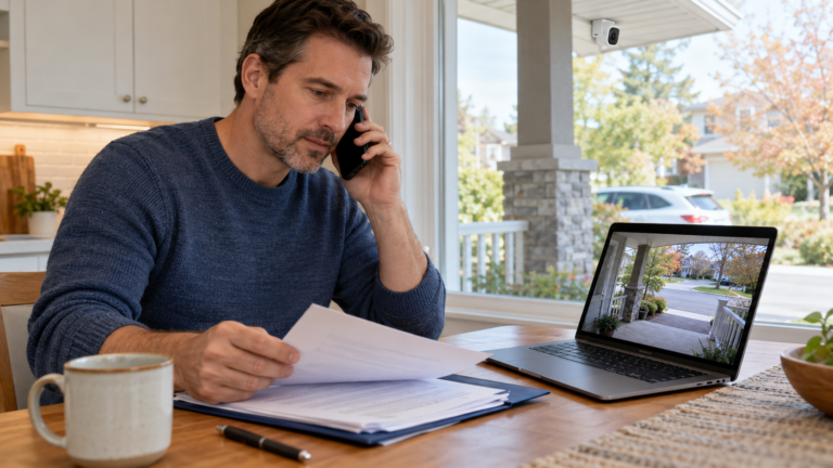A homeowner on the phone reviewing security camera coverage on a laptop.