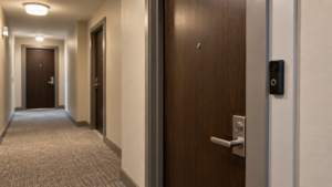 A video doorbell beside a unit door in a condo hallway.
