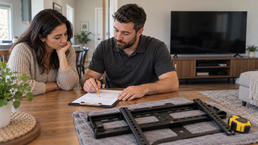 Two people reviewing a TV mounting estimate beside wall brackets and a tape measure.