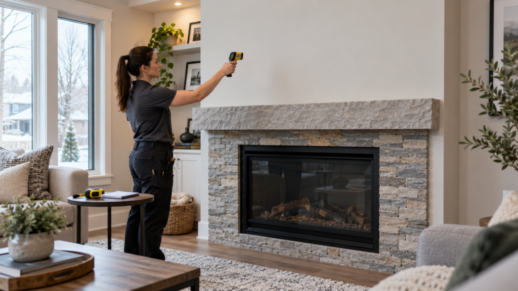 Checking the wall near a fireplace with an infrared thermometer.