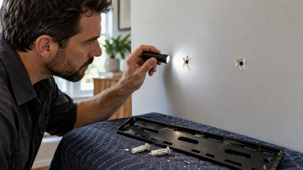 Damaged drywall around old mounting holes.