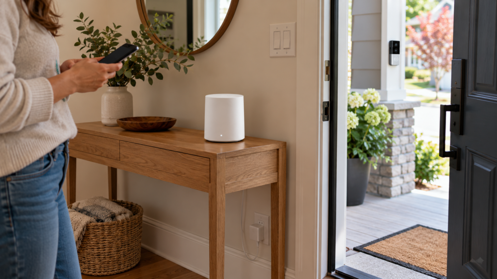 A mesh WiFi node on a table near the front door.