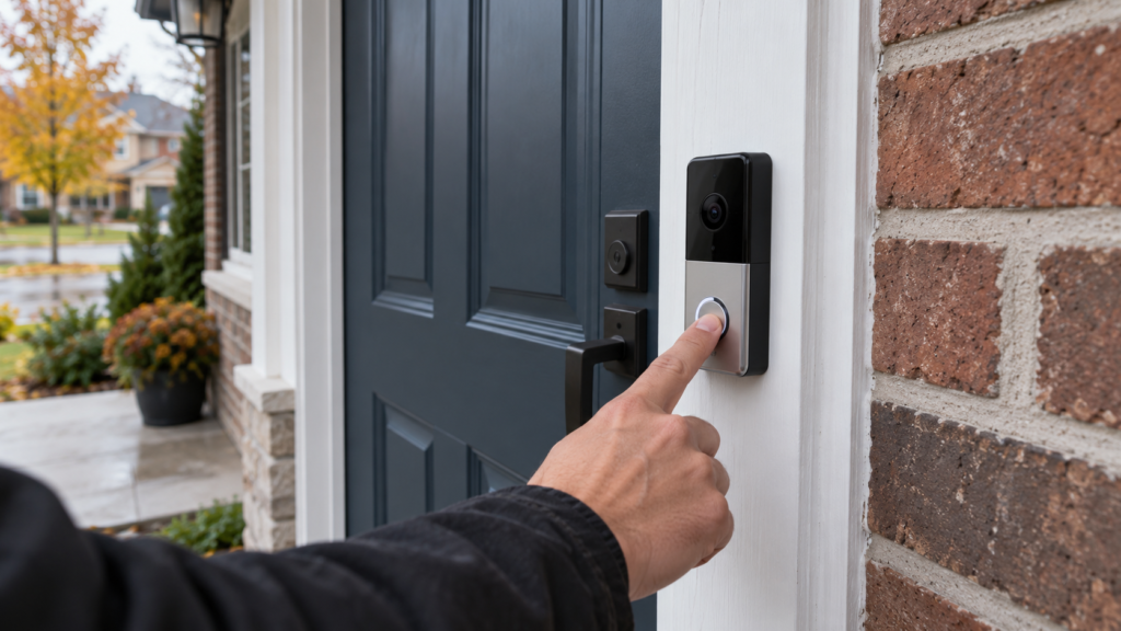 Pressing the button on a mounted video doorbell.
