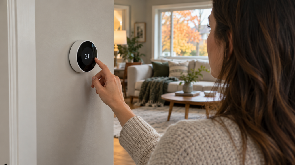 A hand adjusting a smart thermostat on the wall.
