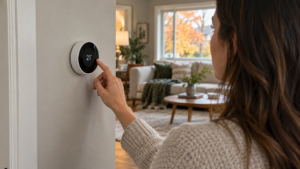 A hand adjusting a smart thermostat on the wall.