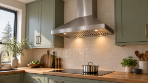 A stainless range hood above an induction cooktop in a kitchen.