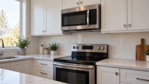 A stainless over-the-range microwave in a bright kitchen.