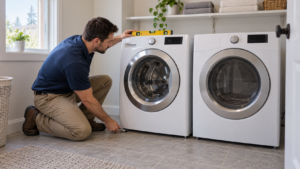 A washer and electric dryer installed in a laundry room.