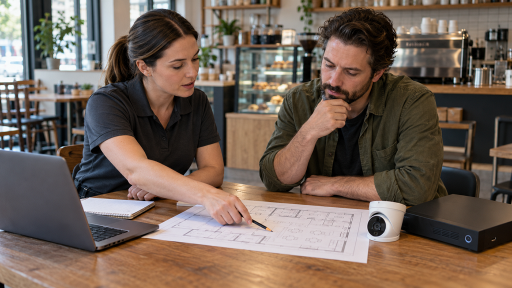 A shop owner and an installer reviewing a camera layout on a floor plan.