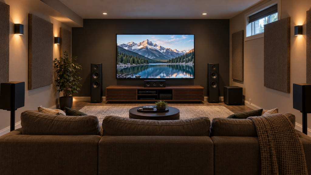 A basement home theatre with a wall-mounted TV, floor-standing speakers and a sectional sofa.