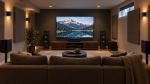 A basement home theatre with a wall-mounted TV, floor-standing speakers and a sectional sofa.
