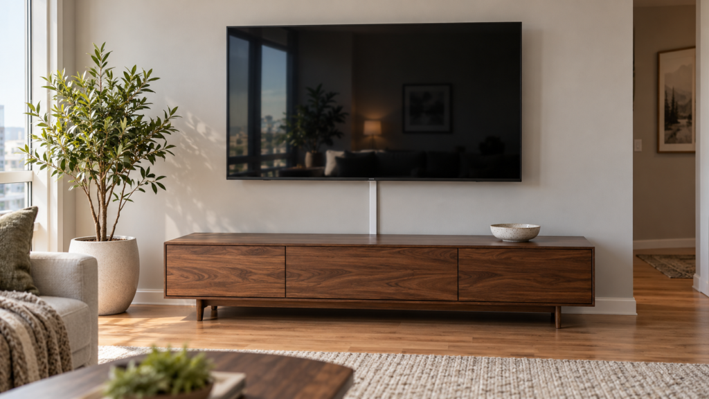 A finished TV installation with surface cable management.