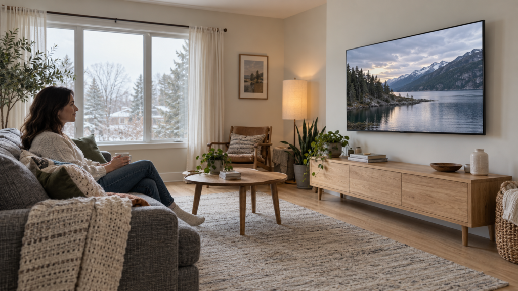A living room arranged for comfortable TV viewing.