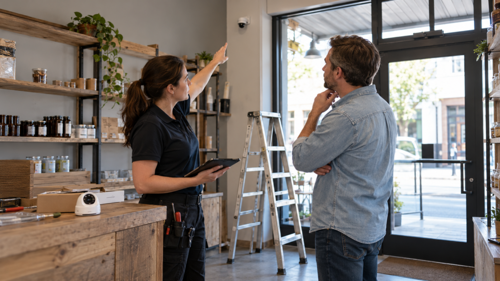 Discussing an entrance-camera installation in a shop.