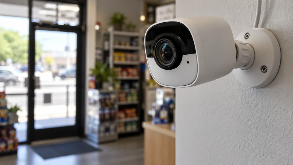 A compact security camera mounted near a shop entrance.