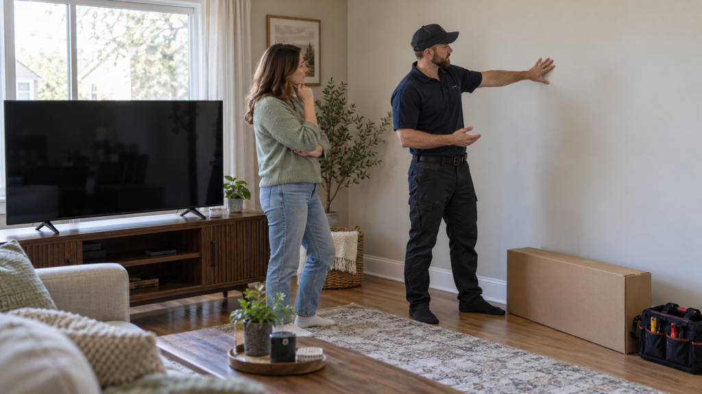 Discussing a TV mounting job before installation.