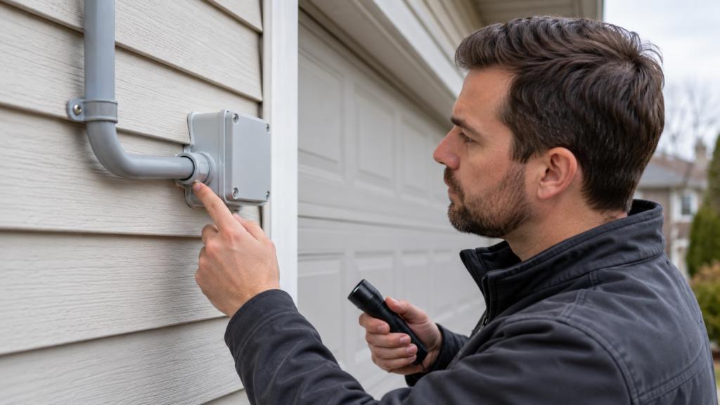 Inspecting an exterior cable route for a camera installation.