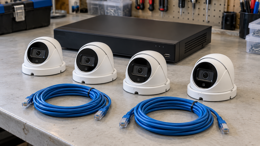 A wired camera system laid out before installation.