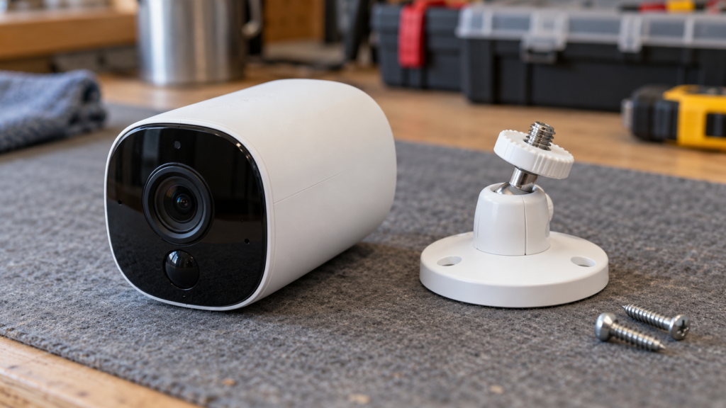 A wireless camera and its mounting base.