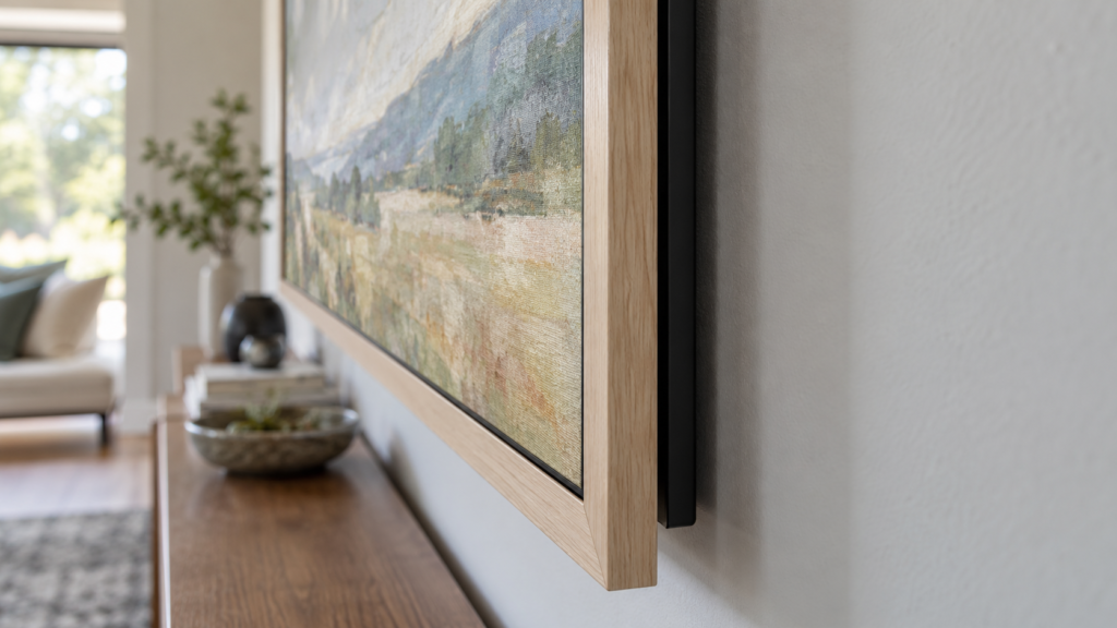 Side view of a thin framed television near the wall.