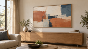 An art-style television mounted close to a living-room wall.