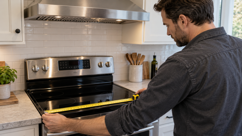 Measuring a cooktop while planning a range hood.
