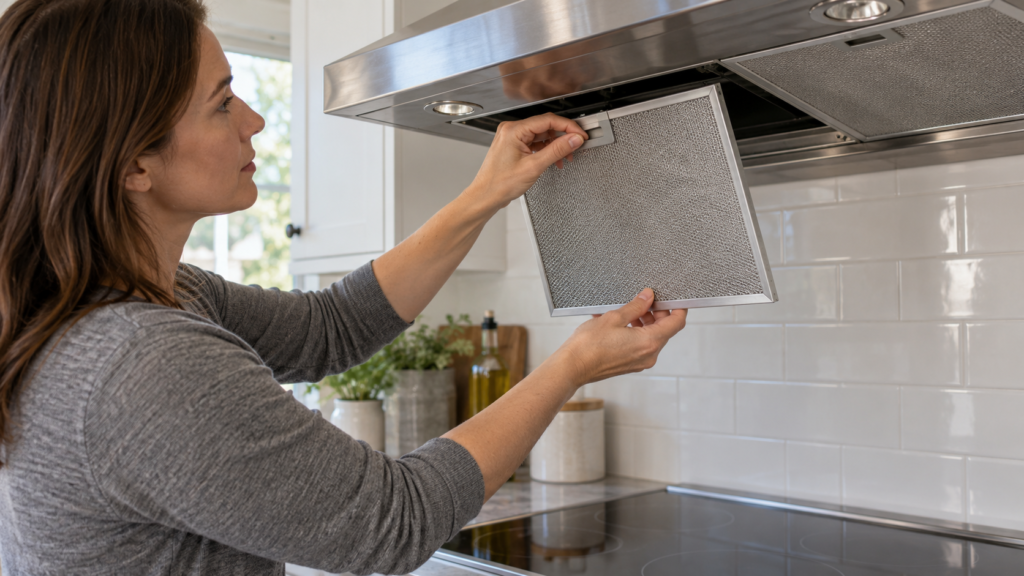 Removing a metal grease filter from a range hood.