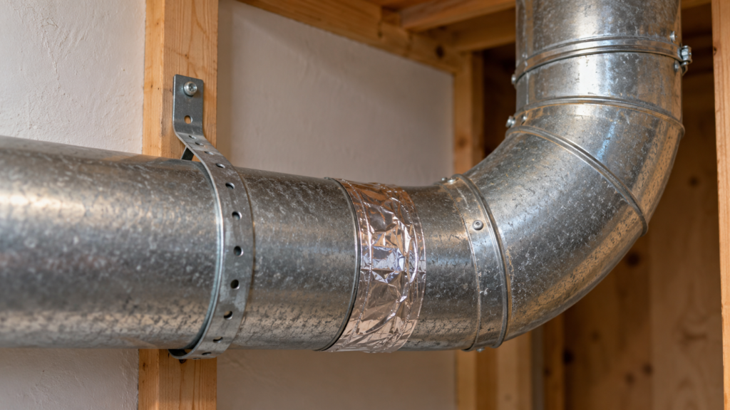 A smooth metal ventilation duct connection.