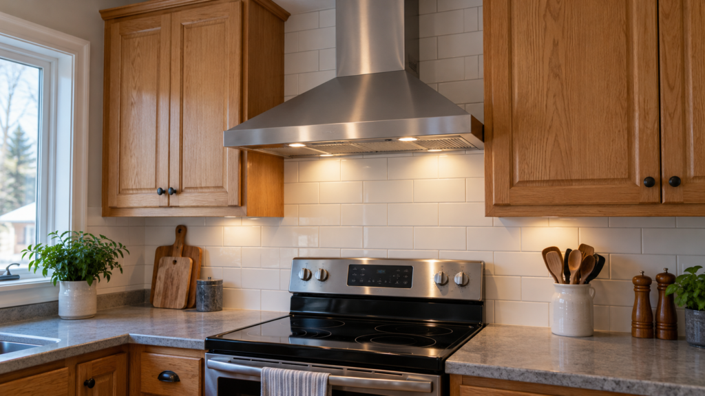 A wall-mounted range hood above an electric range.