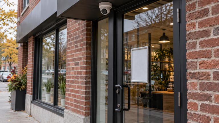 A camera and notice location at a brick storefront entrance.