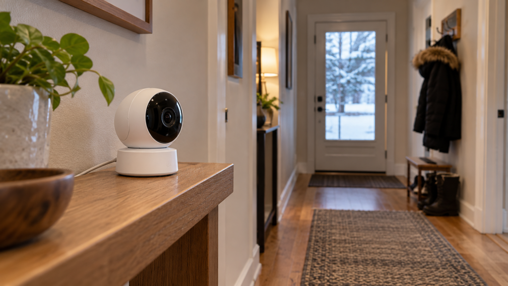 An indoor wireless camera in a heated hallway.