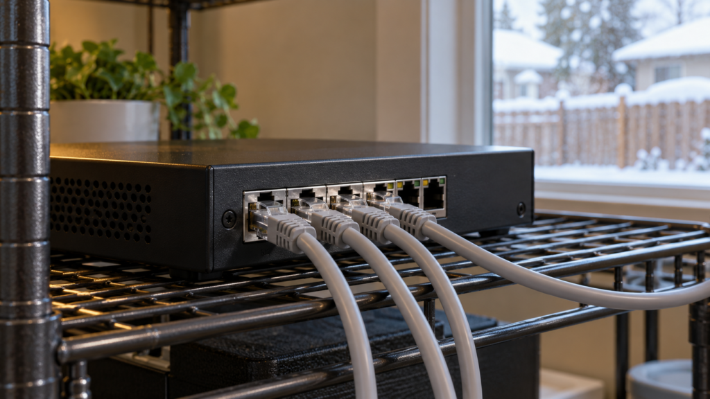 Ethernet cables connected to an indoor camera recorder.
