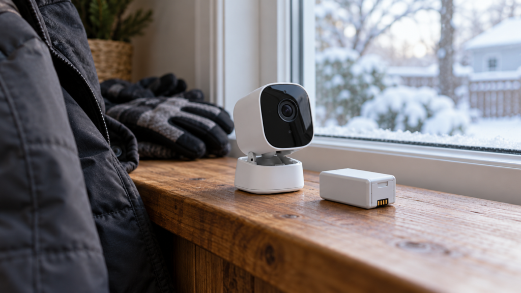 A wireless camera and battery pack brought indoors in winter.