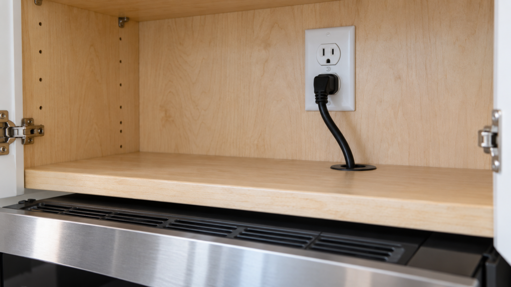 A finished receptacle inside the cabinet above a microwave.