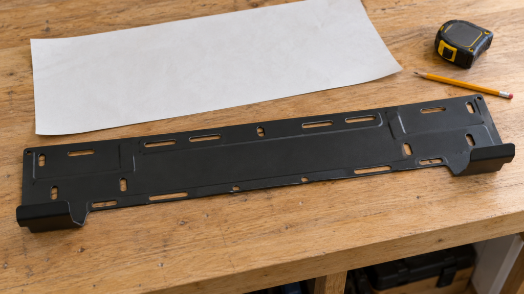 A microwave wall mounting plate and template on a workbench.
