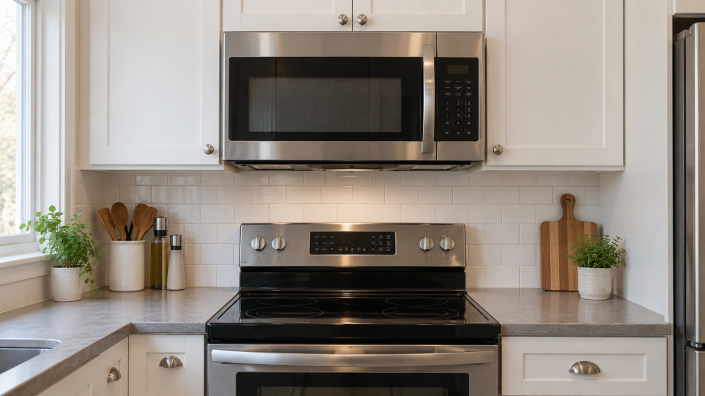 An over-the-range microwave installed beneath upper cabinets.