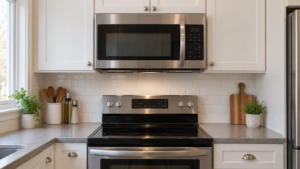 An over-the-range microwave installed beneath upper cabinets.