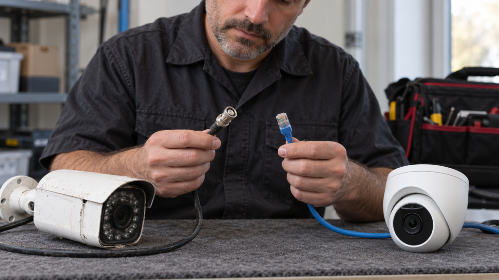 Comparing existing coaxial cable with a new Ethernet lead.