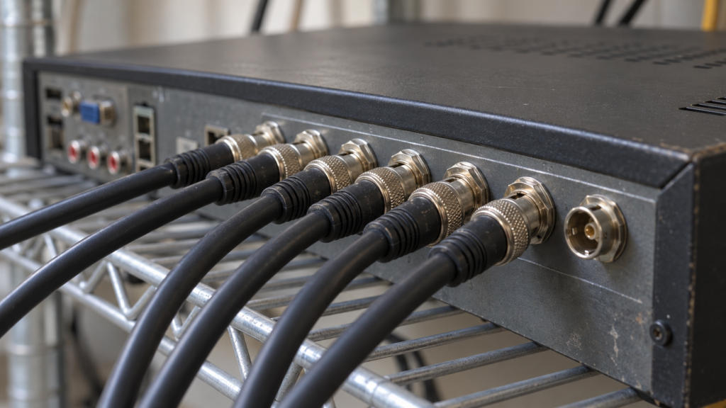 Coaxial cables connected to the back of a DVR.