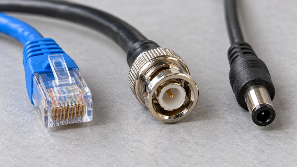 Ethernet, coaxial and power connectors for camera systems.
