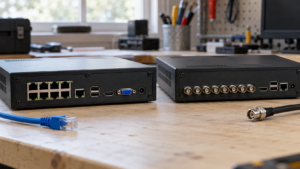 Ethernet and coaxial connections on two camera recorders.