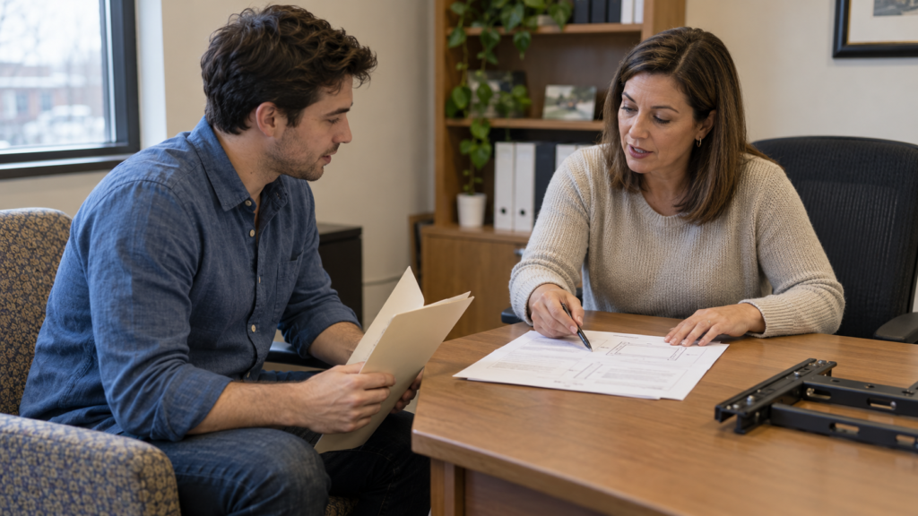 Reviewing a condo installation plan with a building representative.