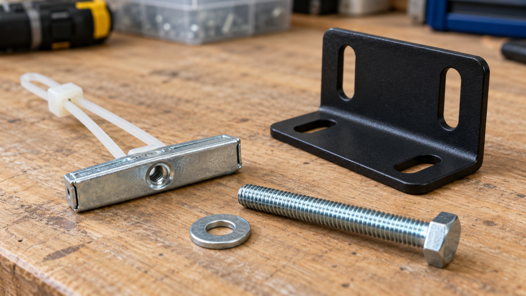 A metal channel toggle anchor and machine screw beside a bracket.