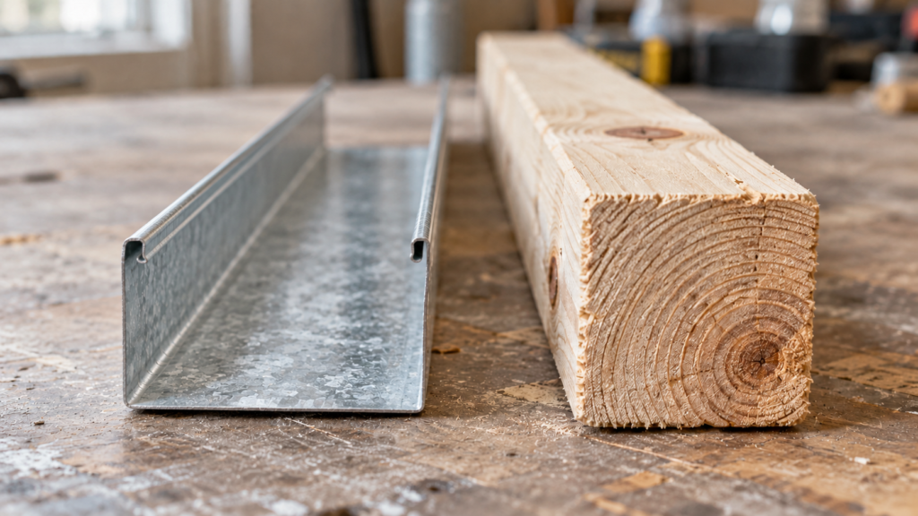 Steel and timber stud samples on a workbench.